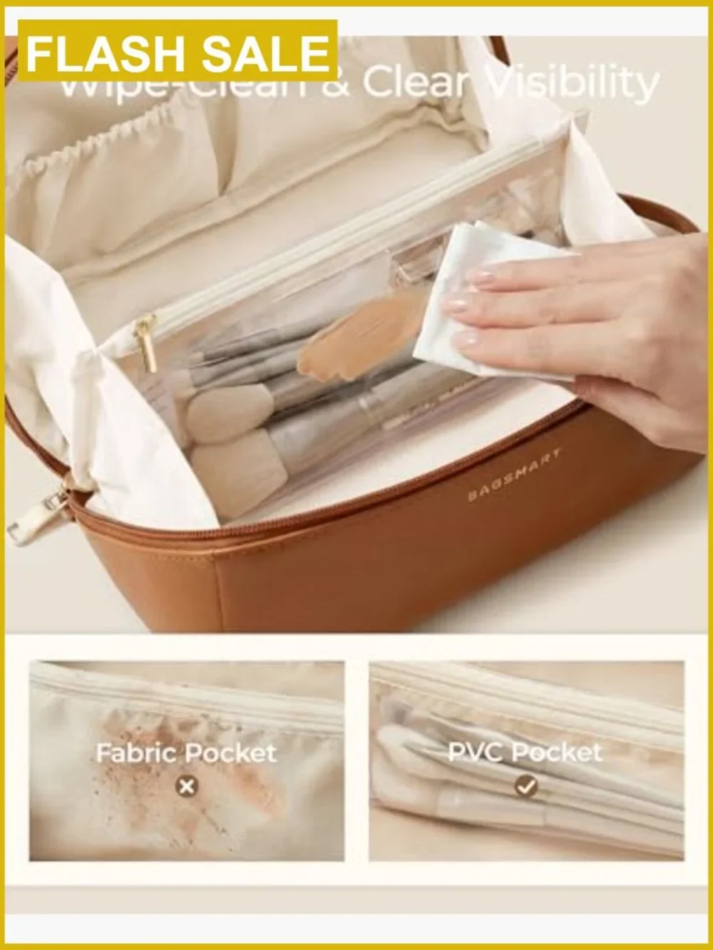 Large Makeup Bag Travel Cosmetic Toiletry Organizer with Flat Lay Opening, Faux